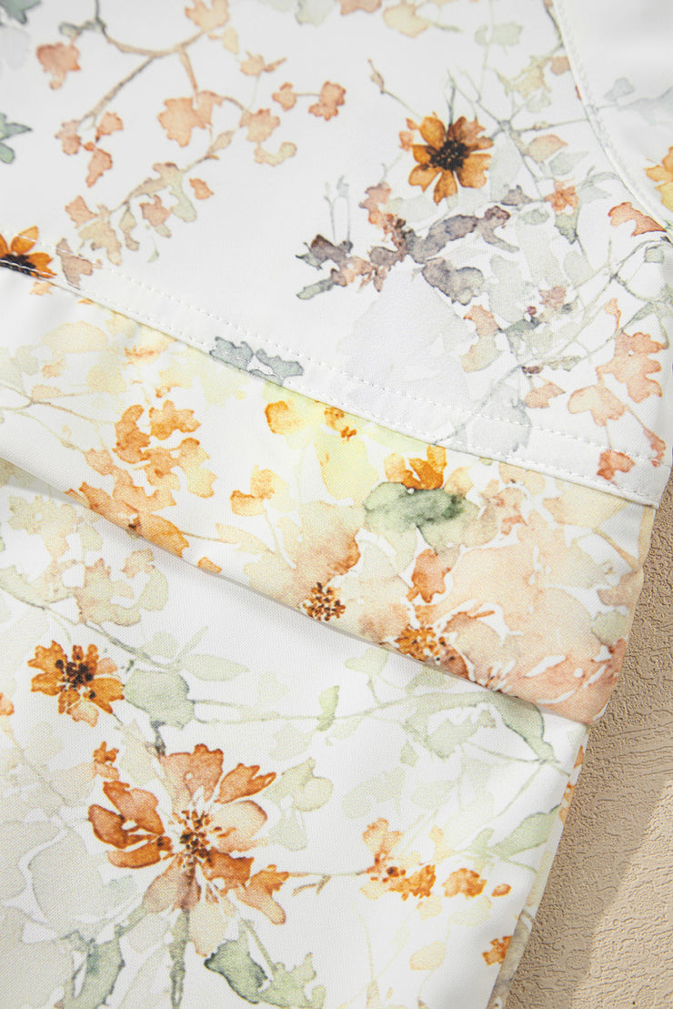 Yellow Floral Print Half Zip Hooded Long Sleeve Top