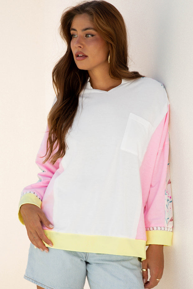White Floral Colorblock Patchwork Chest Pocket Notched Neck Long Sleeve Top