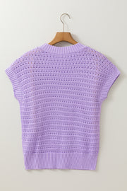 Lavendula Pointelle knit Ribbed Trim Short Sleeve Sweater