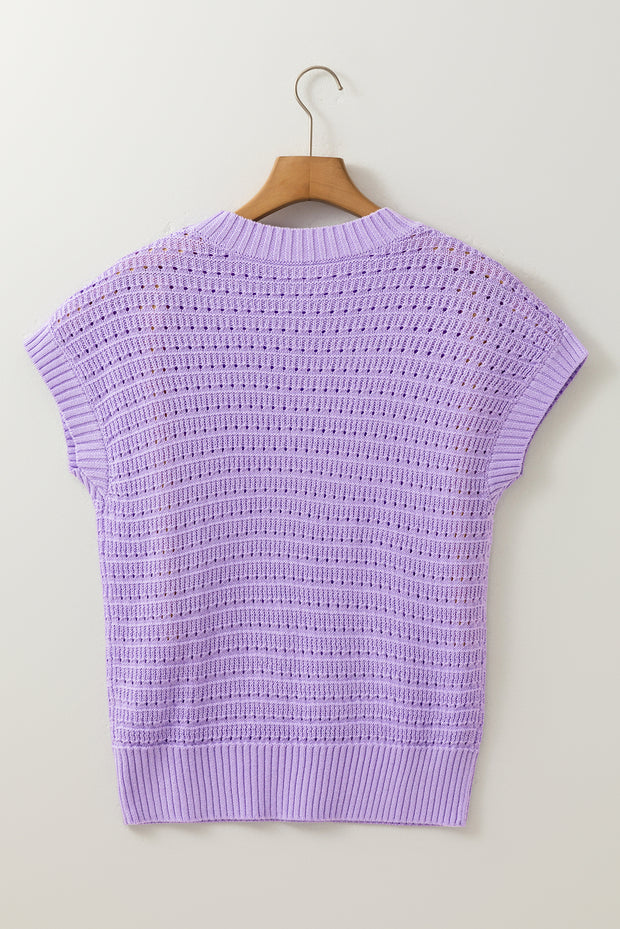 Lavendula Pointelle knit Ribbed Trim Short Sleeve Sweater