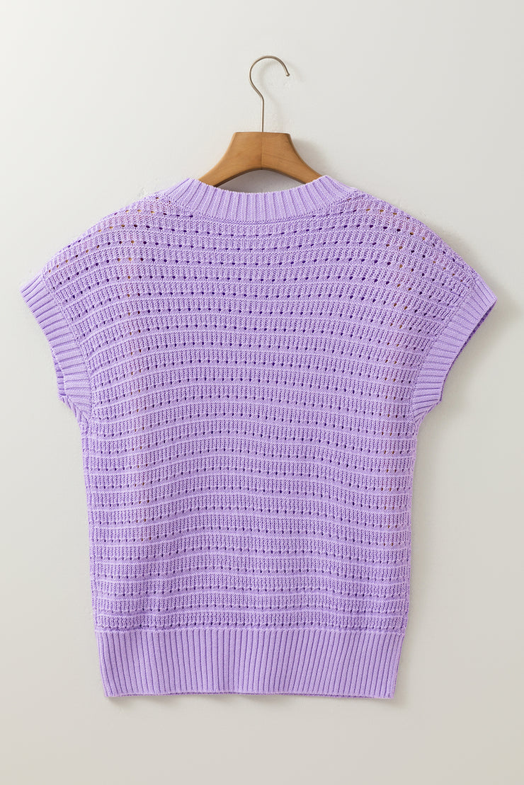 Lavendula Pointelle knit Ribbed Trim Short Sleeve Sweater