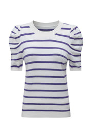 Blue Stripe Ribbed Trim Round Neck Bubble Sleeve Knitted Top