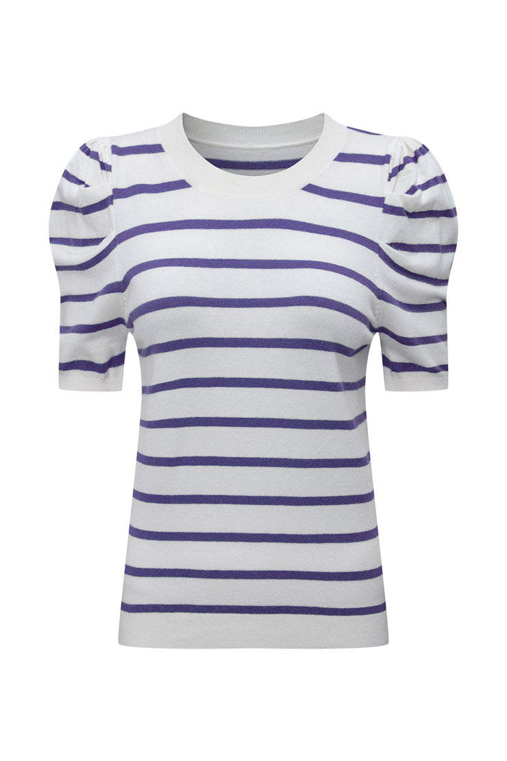 Blue Stripe Ribbed Trim Round Neck Bubble Sleeve Knitted Top