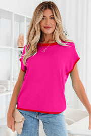 Rose Red Contrast Trim Round Neck Short Sleeve Loose Knit Sweater