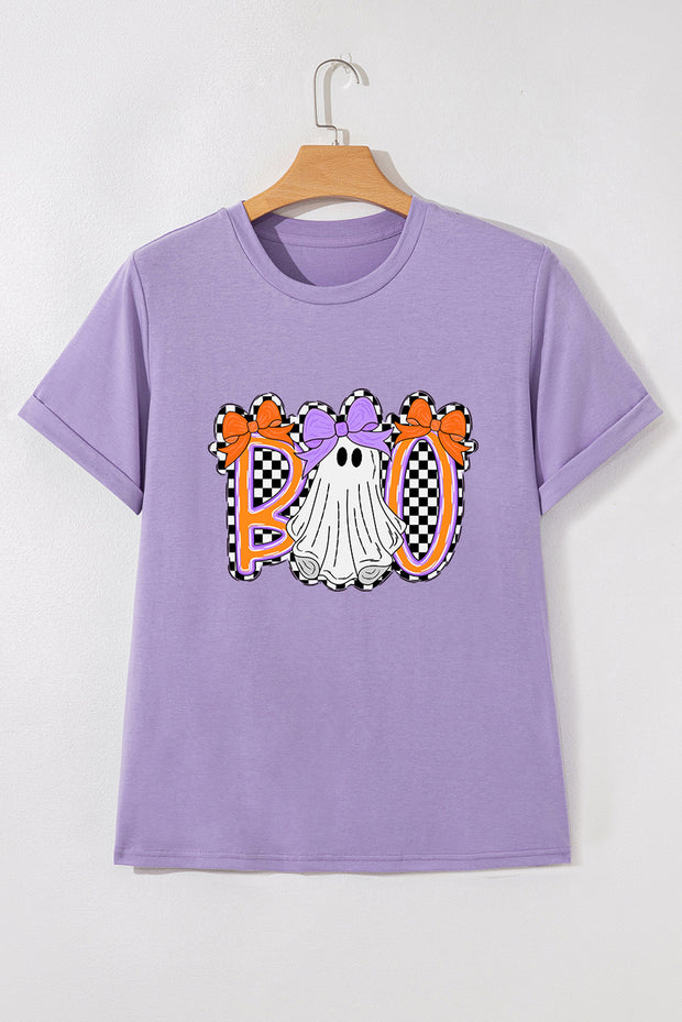 Wisteria Boo Checkered Bow Ghost Halloween Graphic Tee