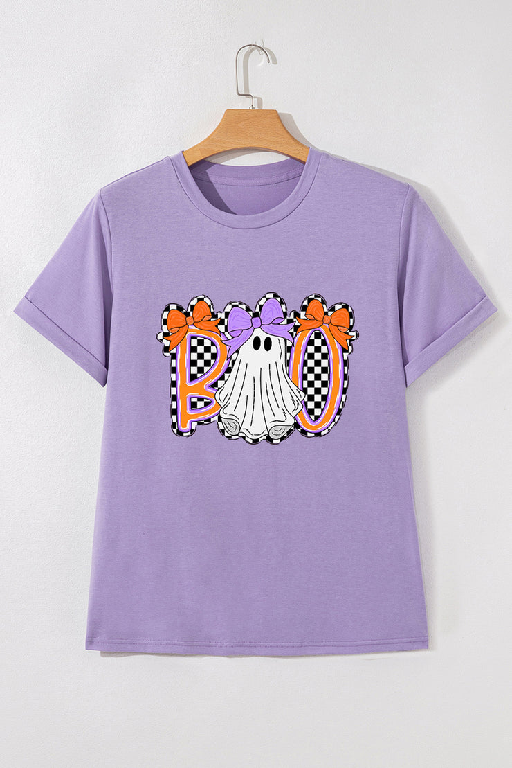 Wisteria Boo Checkered Bow Ghost Halloween Graphic Tee