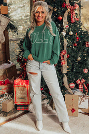 Blackish Green Twisted Rib Outlined Merry Letter Graphic Loose Long Sleeve Top
