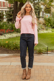Pink Stripe Textured Contrast Dropped Long Sleeve Top