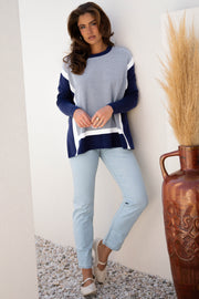 Blue Stripe Color Block Patchwork Dolman Oversize Tunic Sweater