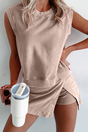 Smoke Gray 2 Pieces Mineral Wash Cotton Tank Top Lined Split Skirt Set