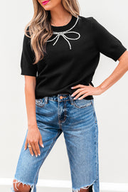 Black Pearl Bow Necklace Embellished Short Sleeve Knitted T Shirt