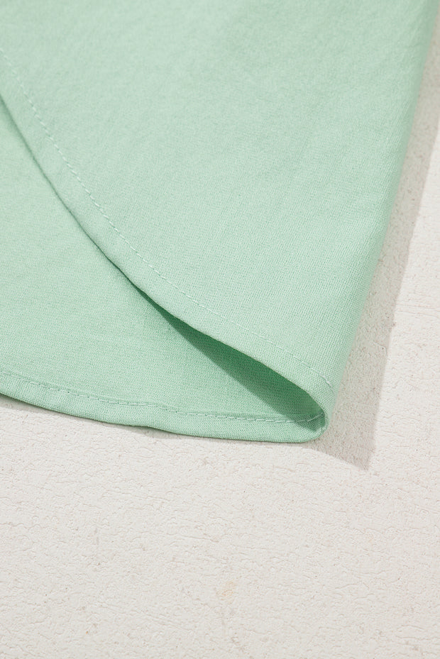 Clearly Aqua Floral Embroidered Puff Sleeve Split Neck Blouse