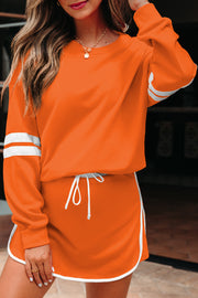 Orange Varsity Stripe Detail Drop Shoulder Pullover Mini Skirt Set