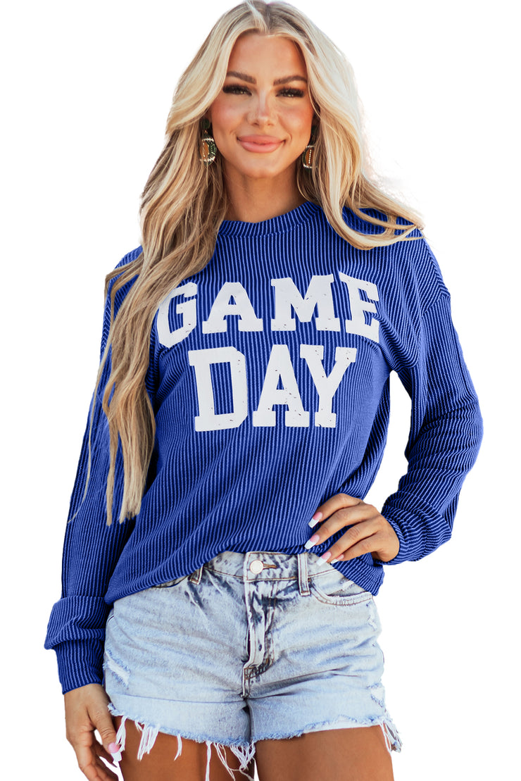 Top de cuello redondo de manga larga con gráfico GAME DAY con cordón azulado