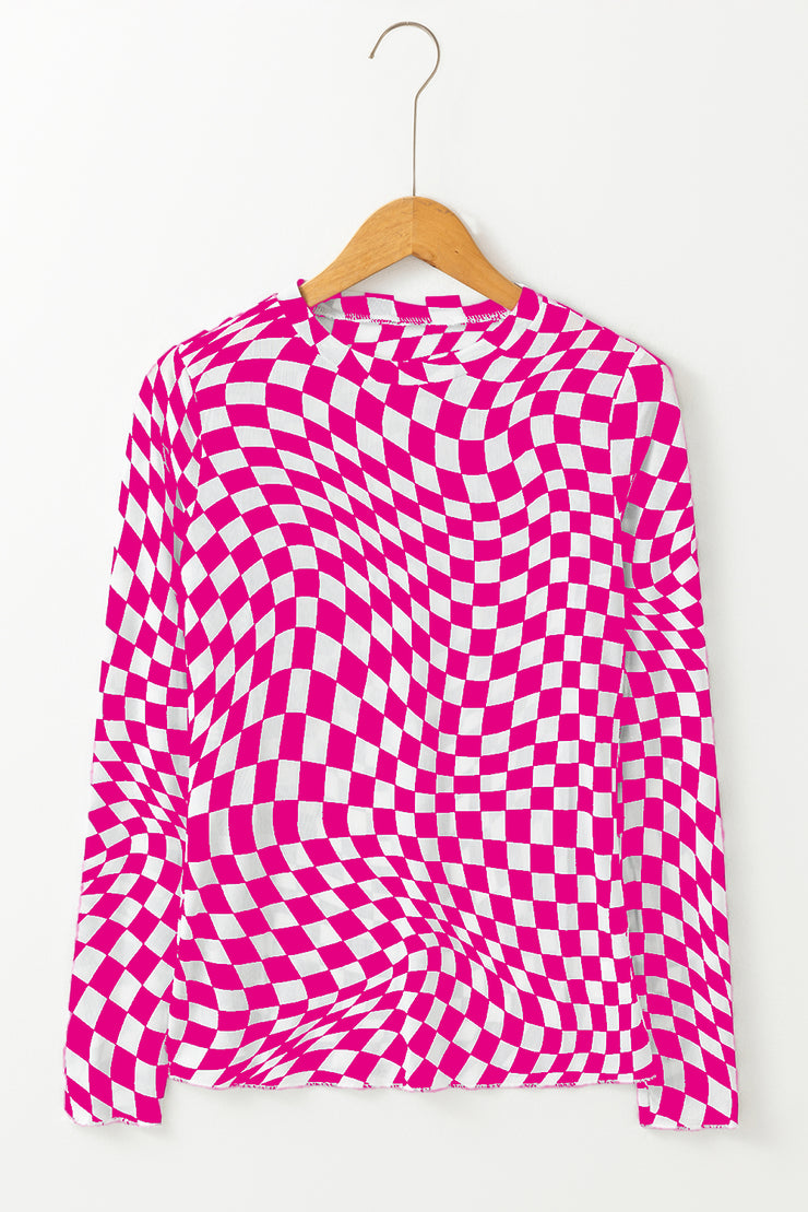 Rose Checkered Pattern Mesh Mock Neck Long Sleeve Top