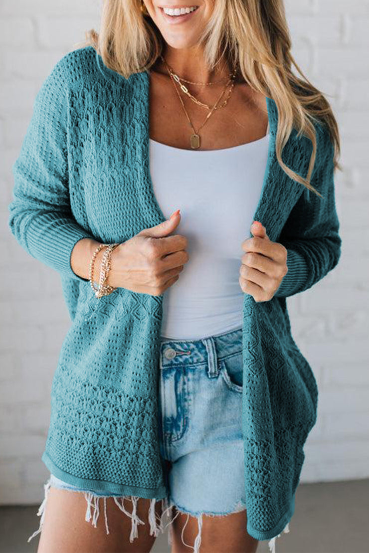 Lapis Mix Pattern Hollowed Knit Open Front Cardigan