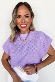 Lavendula Pointelle knit Ribbed Trim Short Sleeve Sweater