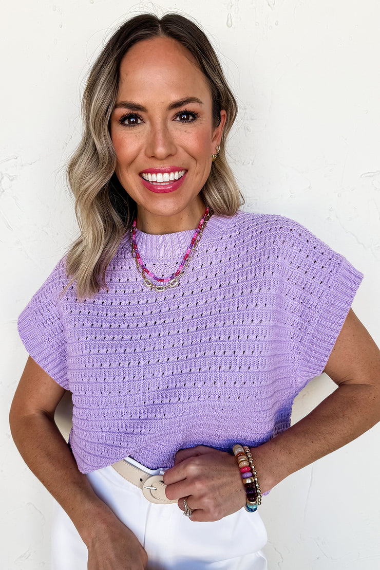 Lavendula Pointelle knit Ribbed Trim Short Sleeve Sweater