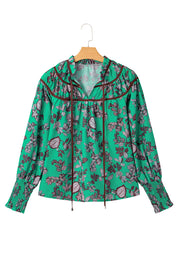 Green Leaves Print Contrast Trim V Neck Shirred Puff Sleeve Blouse