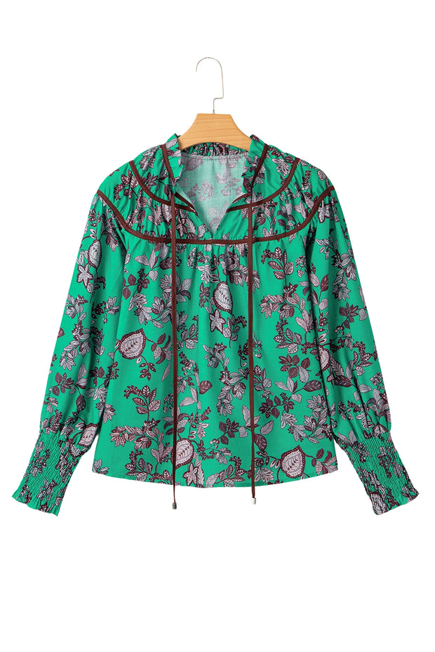 Green Leaves Print Contrast Trim V Neck Shirred Puff Sleeve Blouse
