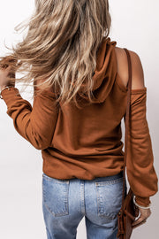 Cinnamon Exposed Seam Cold Shoulder Drawstring Hoodie