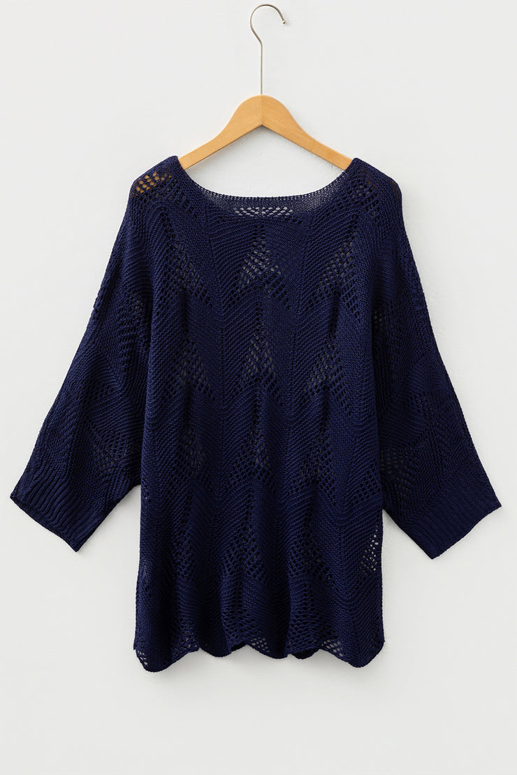 Navy Blue Hollow Out Knit 7/8 Sleeve Casual Sweater