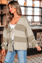 Khaki Striped Color Block Brushed Knit Bow Tie Front Sweater Cardigan