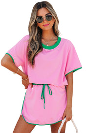 Bonbon Colorblock Edge Drop Shoulder T Shirt and Skort 2Pcs Set