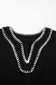 Black Contrast Stitched V Neck 3/4 Sleeve Tiered Mini Dress