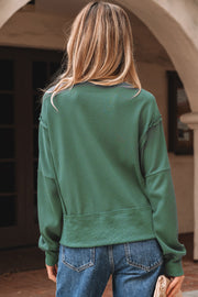 Evergreen Solid Color Raw Seam Patchwork Ribbed Drop Shoulder Sweatshirt