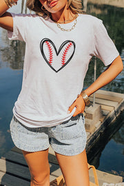 White Baseball Heart Shape Embroidery Graphic Tee