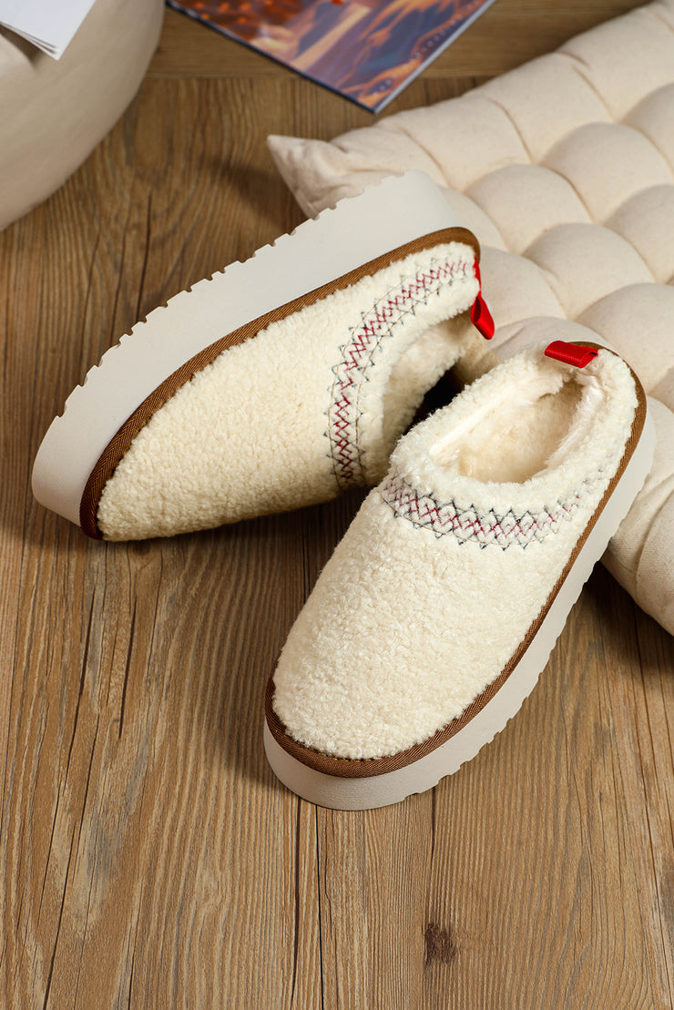 White Embroidered Sherpa Plush Thick Sole Winter Slippers