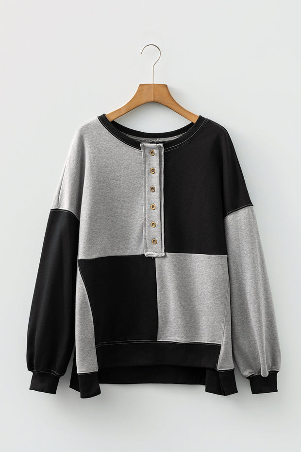 Color black Colorblock Henley High Low Oversize Sweatshirt