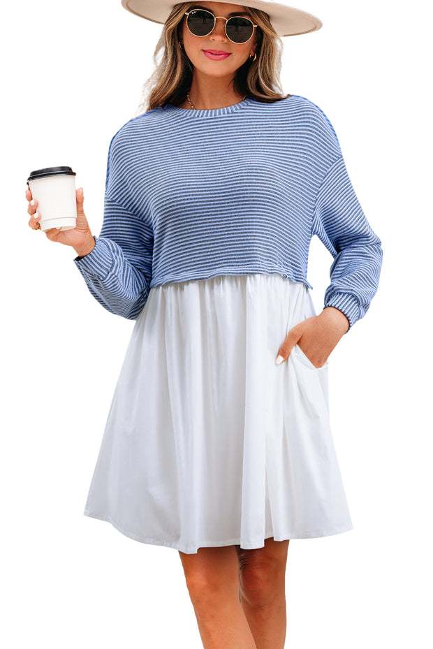 Sky Blue Stripe Patchwork Pleated High Waist Loose Mini Dress