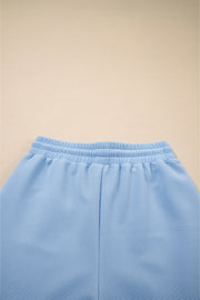 Beau Blue Textured Ruffled Sleeve Zipped Top and Wide Leg Pants Set