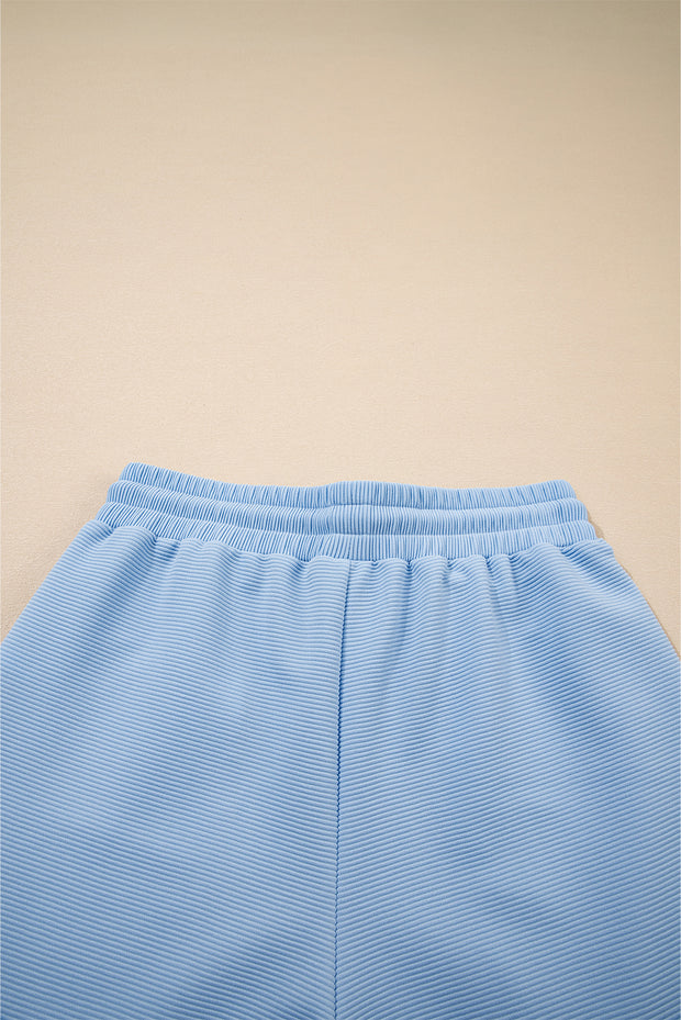 Beau Blue Textured Ruffled Sleeve Zipped Top and Wide Leg Pants Set