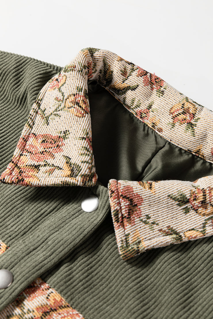 Sage Green Ribbed Retro Floral Patchwork Shirt Style Jacket