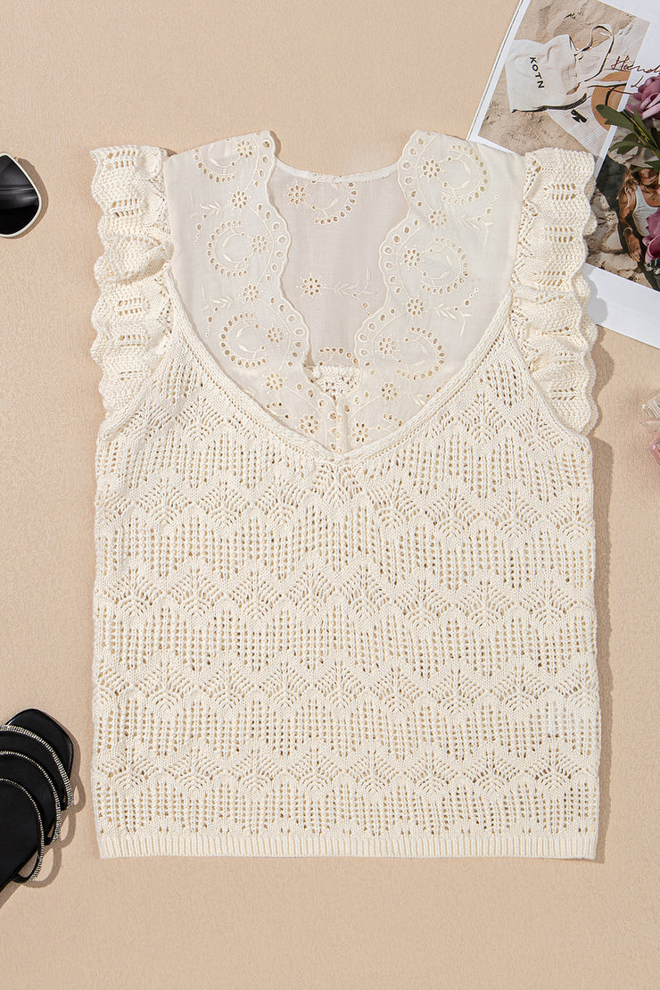 Beige Embroidered Patchwork Hollow Out Knitted Ruffle Sweater Vest