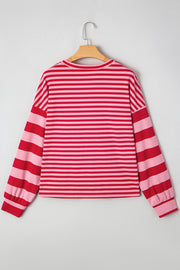 Strawberry Pink Mix Striped Drop Shoulder Patchwork Sleeve V Neck Pullover