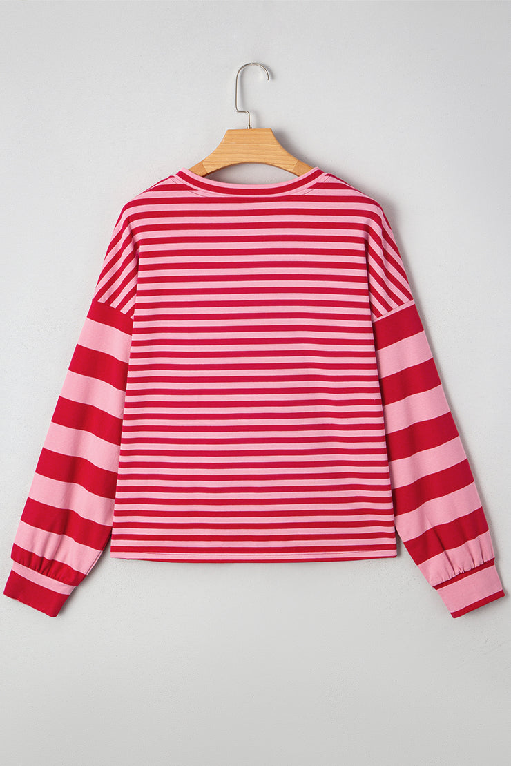 Strawberry Pink Mix Striped Drop Shoulder Patchwork Sleeve V Neck Pullover