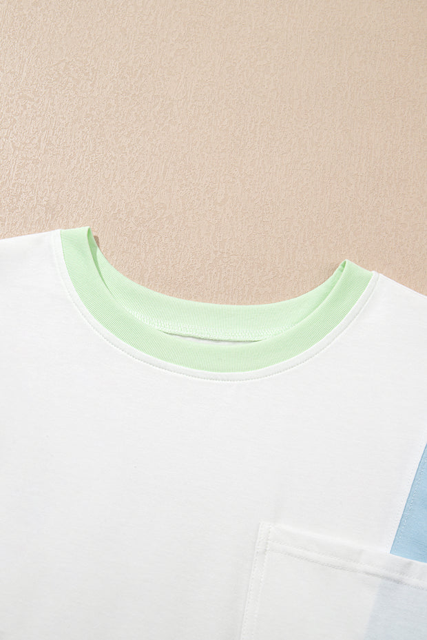 Camiseta oversize de media manga con patchwork y bloques de color blanco