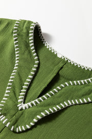 Jungle Green Contrast Stitched V Neck 3/4 Sleeve Tiered Mini Dress