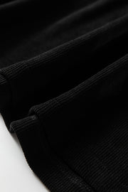 Black Solid Color Textured Knit Drop Shoulder Pullover Drawstring Shorts Set
