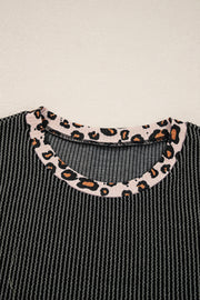 Carbon Grey Twisted Rib Texture Leopard Patchwork Detail 2pcs Pant Set