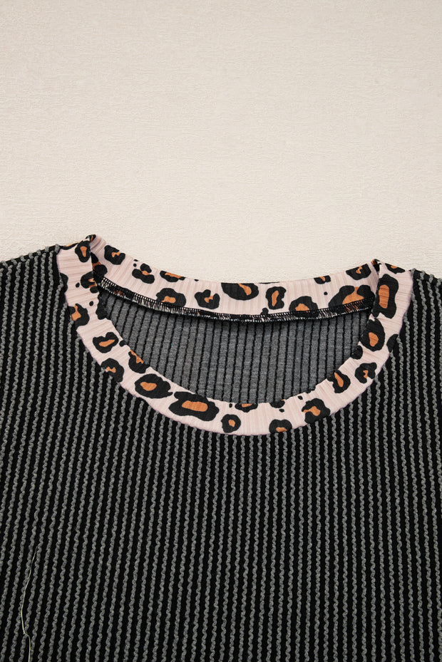 Carbon Grey Twisted Rib Texture Leopard Patchwork Detail 2pcs Pant Set