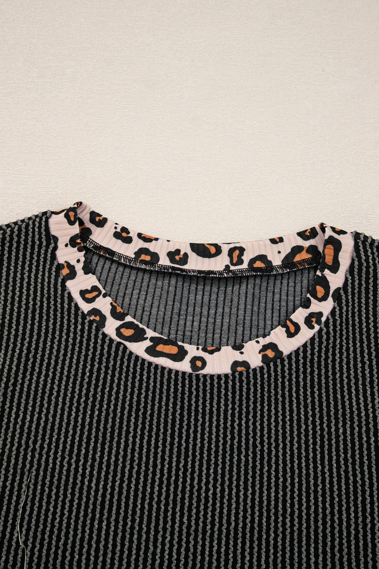 Carbon Grey Twisted Rib Texture Leopard Patchwork Detail 2pcs Pant Set