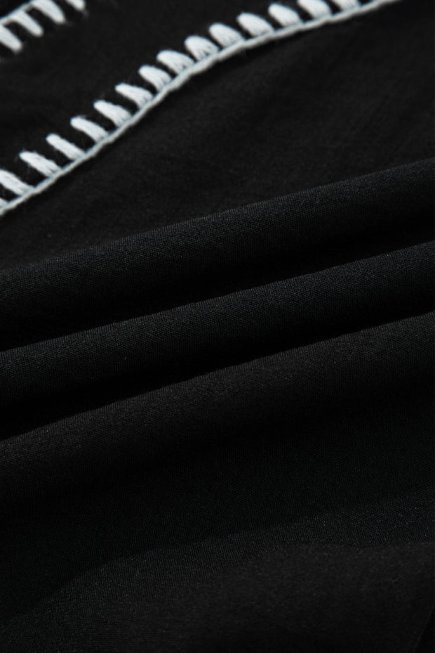 Black Contrast Stitched V Neck 3/4 Sleeve Tiered Mini Dress