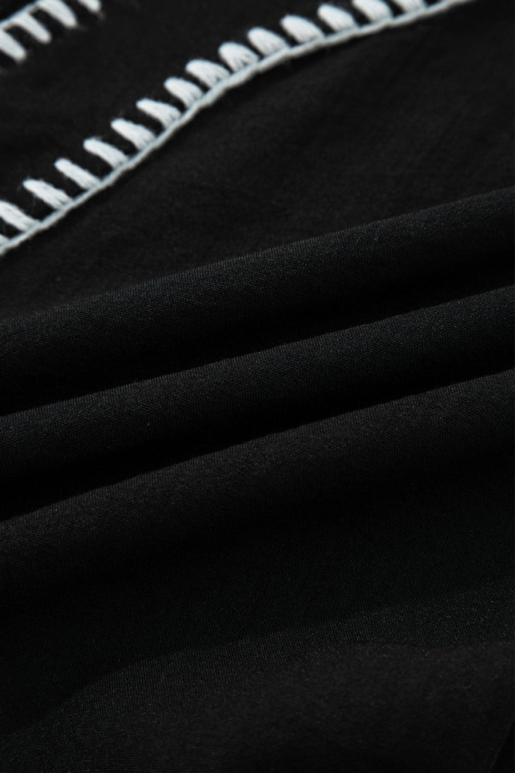 Black Contrast Stitched V Neck 3/4 Sleeve Tiered Mini Dress