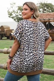 Khaki Leopard Contrast Trim Short Sleeve Loose Plus Size Top