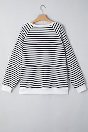 Black Stripe Raglan Sleeve Side Slits Loose Sweatshirt